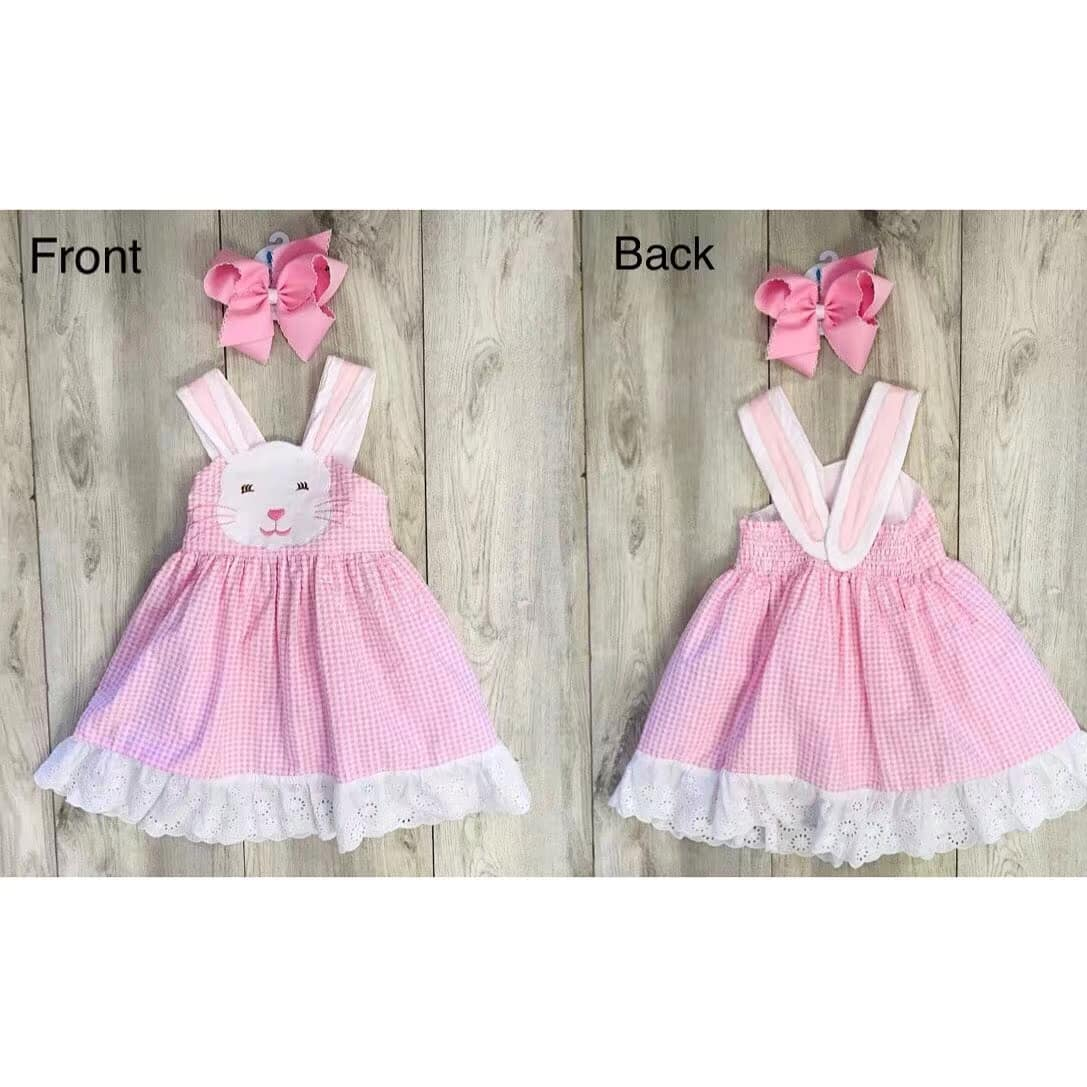 Baby Girls Pink Checkered Easter Rabbit Face Ears Straps Dresses preorder