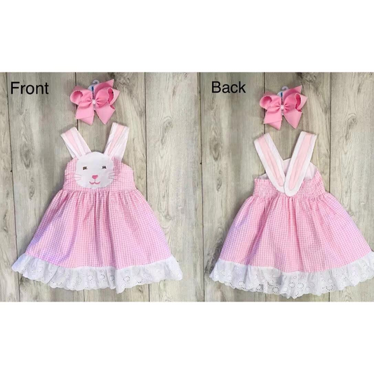 Baby Girls Pink Checkered Easter Rabbit Face Ears Straps Dresses preorder