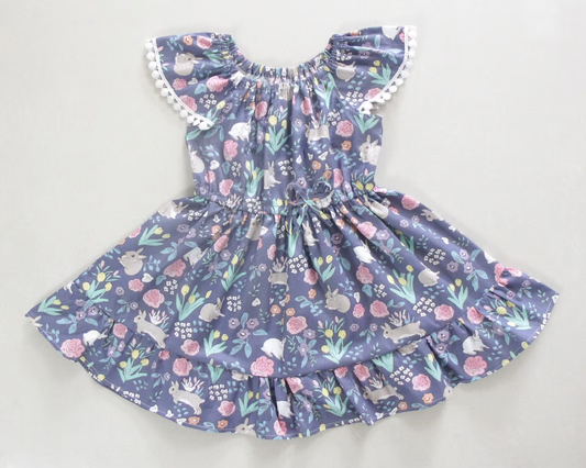 Baby Girls Easter Rabbits Flowers Short Sleeve Knee Length Dresses preorder