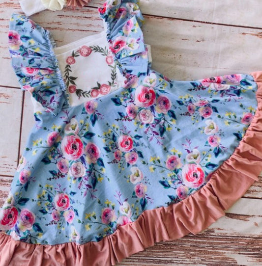 Baby Girls Blue Floral Flutter Sleeve Ruffle Knee Length Dresses preorder