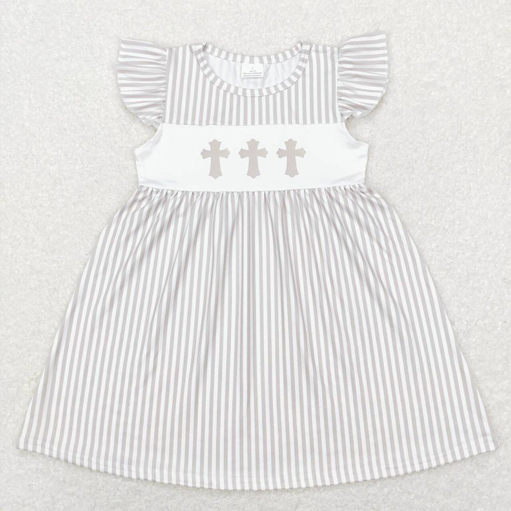 Sibling Boys Baby Girls Grey Stripes Easter Cross Sets Dresses