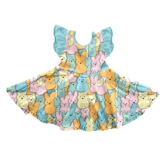 Baby Girls Orange Green Easter Rabbits Flutter Sleeve Knee Length Dresses preorder