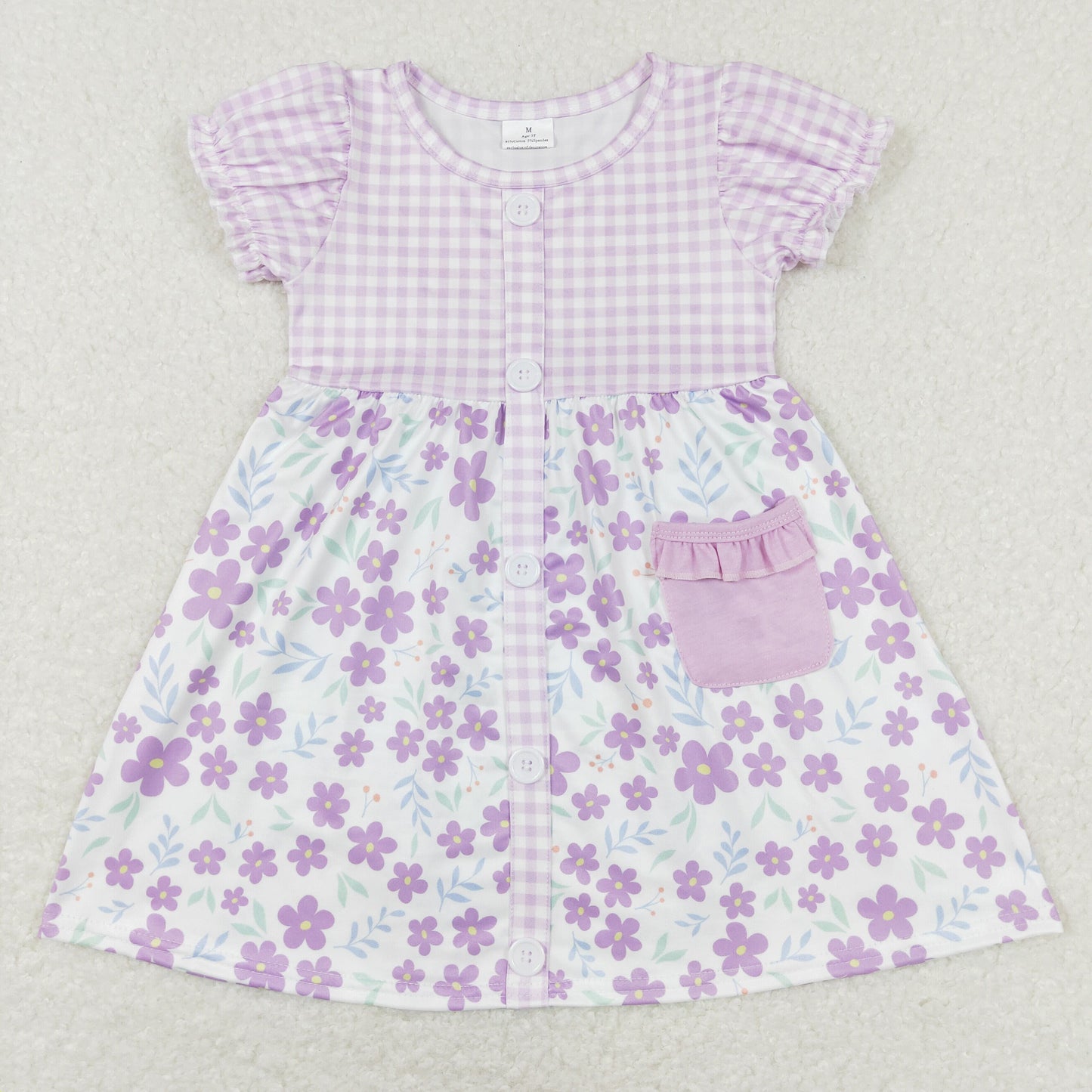 Sibling Baby Girls Flowers Plaid Button Pockets Ruffle Knee Length Dresses