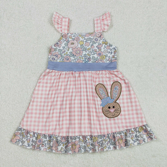 Embroidery Baby Girls Easter Rabbits Floral Ruffle Knee Length Dresses