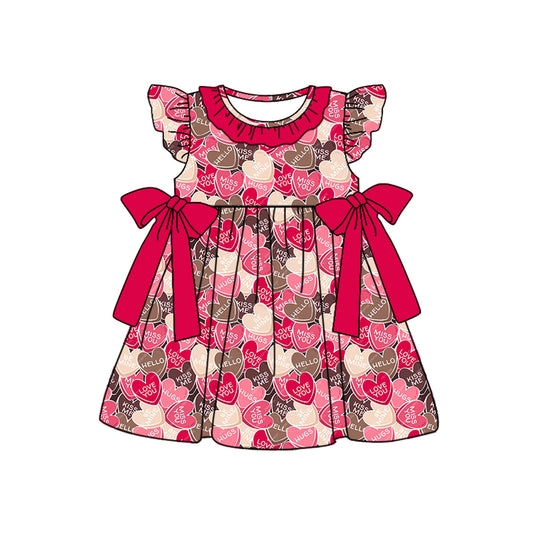 Baby Girls Valentines Hearts Bows Flutter Sleeve Knee Length Dresses Preorder