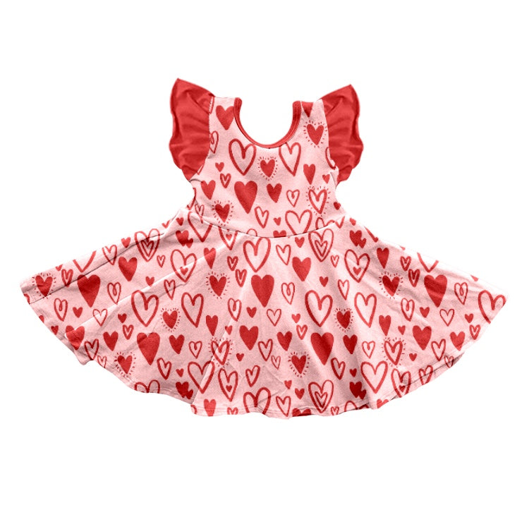 Baby Girls Valentines Red Hearts Flutter Sleeve Knee Length Dresses Preorder