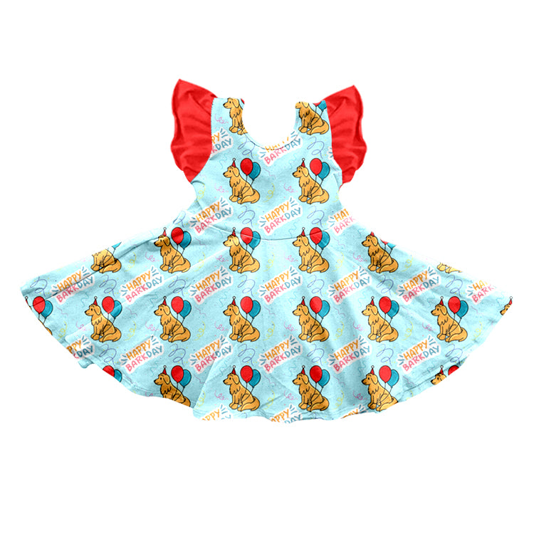 Baby Girls Birthday Party Dogs Balloons Flutter Sleeve Dresses Preorder