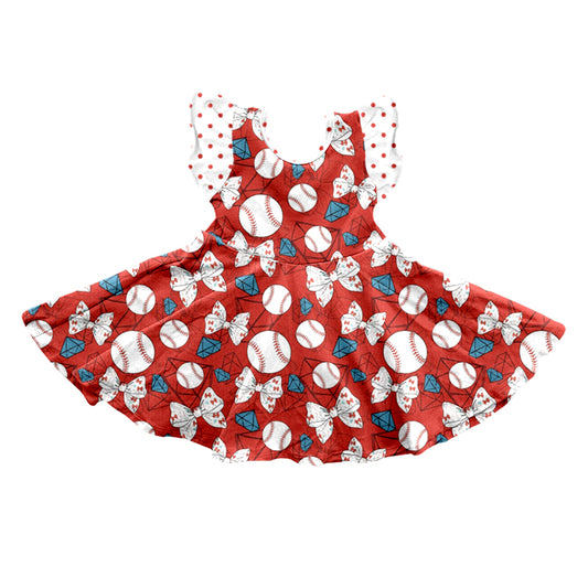 Baby Girls Red Baseball Flutter Sleeve Knee Length Dresses Preorder