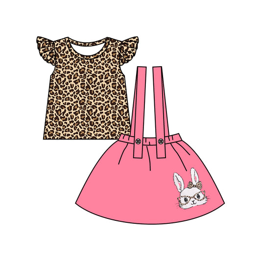 Baby Girls Easter Leopard Tee Shirts Rabbit Suspender Skirt Clothes Sets Preorder