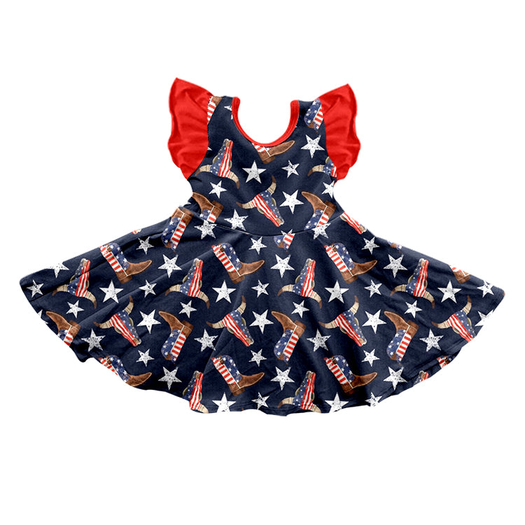 Baby Girls 4th Of July Cow Stars Knee Length Dresses Preorder