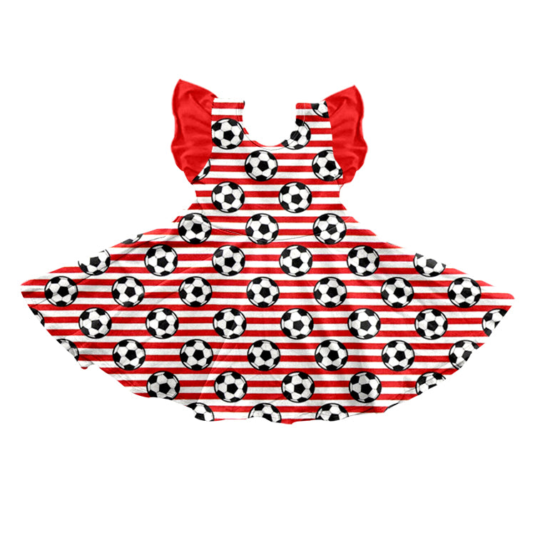 Baby Girls Football Flutter Sleeve Red Stripes Knee Length Dresses Preorder