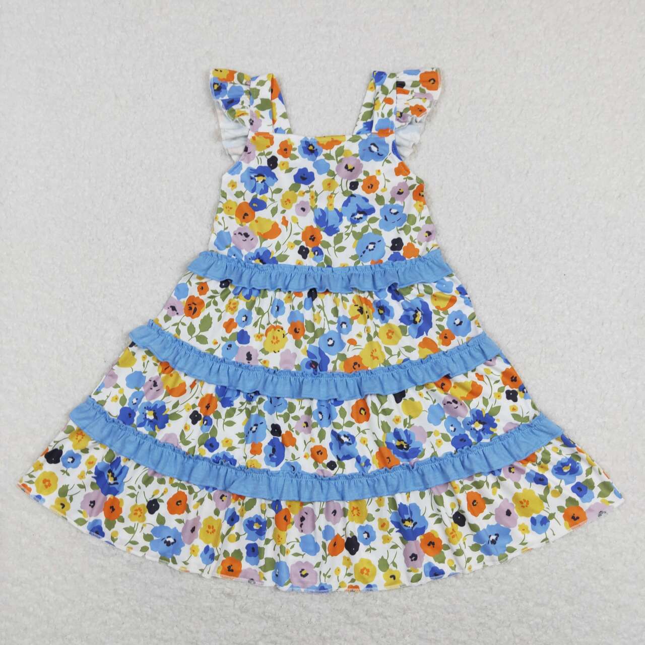 Sibling Baby Girls Flowers Plaid Button Pockets Ruffle Knee Length Dresses