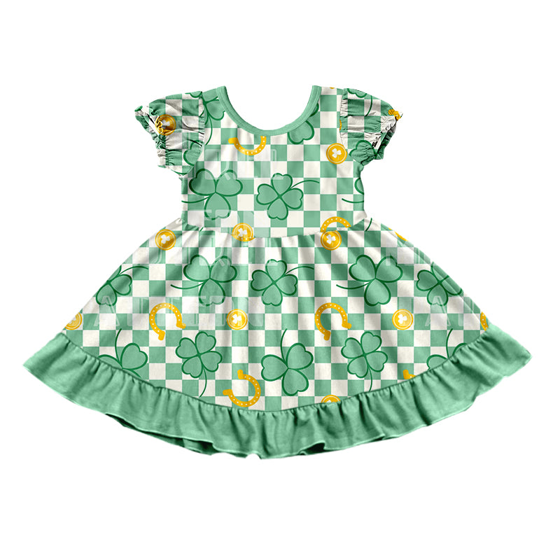 Baby Girls Green Checkered Quatrefoil St Patrick Days Knee Length Dresses Preorder