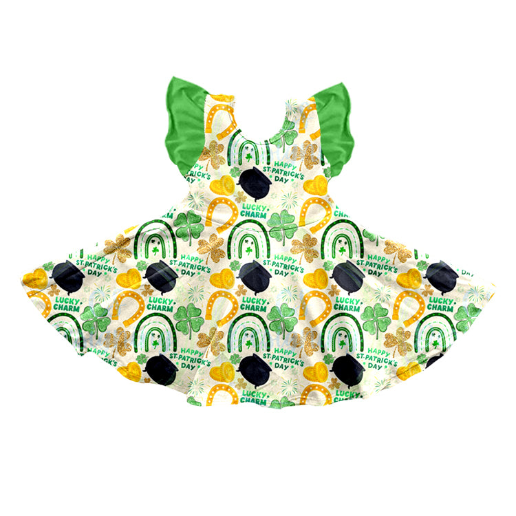 Baby Girls St Patrick Day Quatrefoil Flutter Sleeve Twirl Dresses Preorder