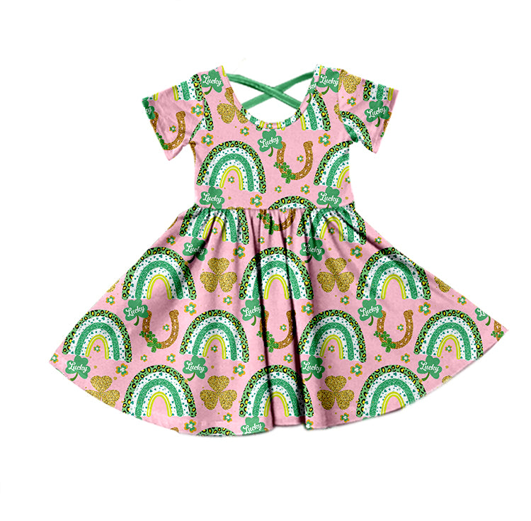 Baby Girls St Patrick Day Rainbow Short Sleeve Knee Length Dresses Preorder