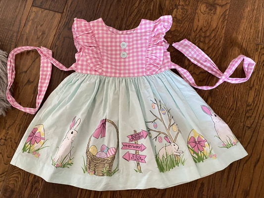 Baby Girls Easter Pink Belt Rabbits Eggs Knee Length Dresses Preorder