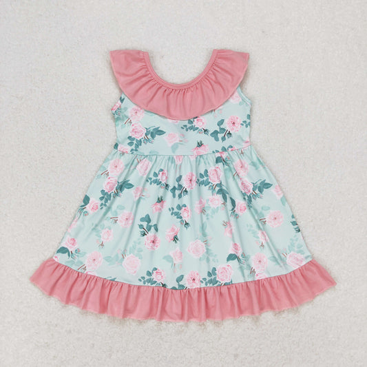 Sibling Baby Girls Flowers Plaid Sleeveless Ruffle Collar Back Bow Knee Length Dresses