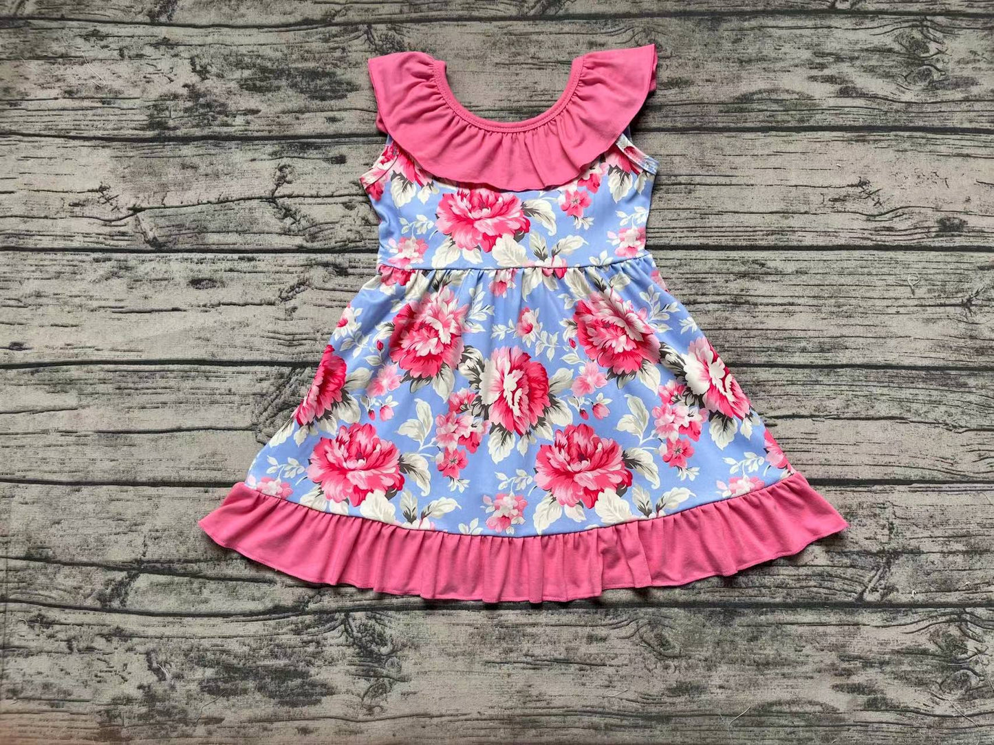 Baby Girls Pink Blue Flowers Bow Back Knee Length Dresses