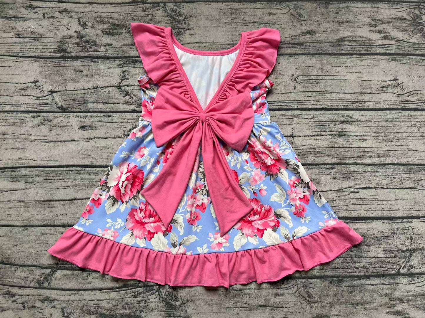 Baby Girls Pink Blue Flowers Bow Back Knee Length Dresses