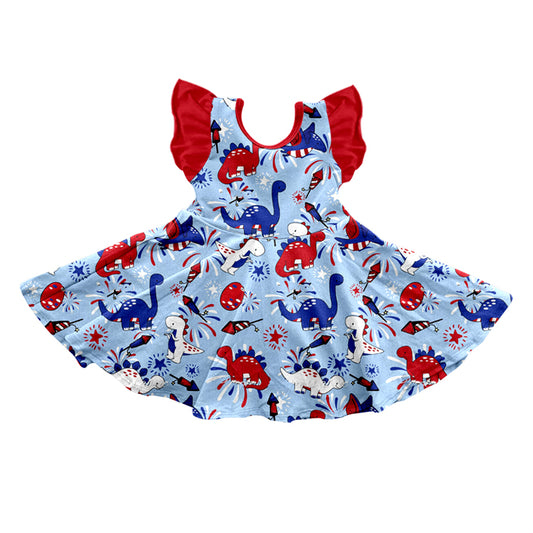 Baby Girls 4th of July Blue Dinosaur Knee Length Dresses Preorder