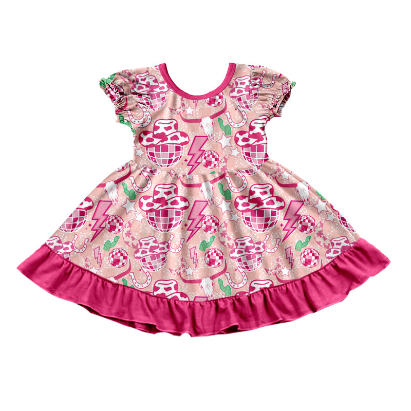 Baby Girls Pink Disco Western Cow Skull Ruffle Knee Length Dresses Preorder