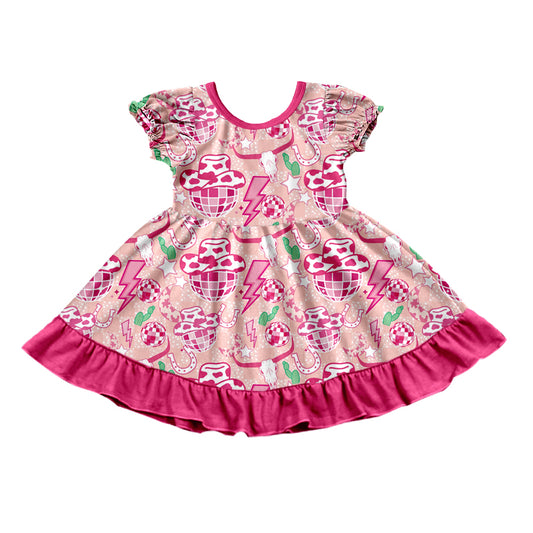 Baby Girls Pink Disco Western Cow Skull Ruffle Knee Length Dresses Preorder