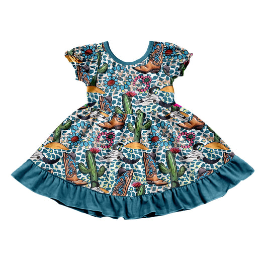 Baby Girls Western Leopard Cactus Turquoise Ruffle Knee Length Dresses Preorder