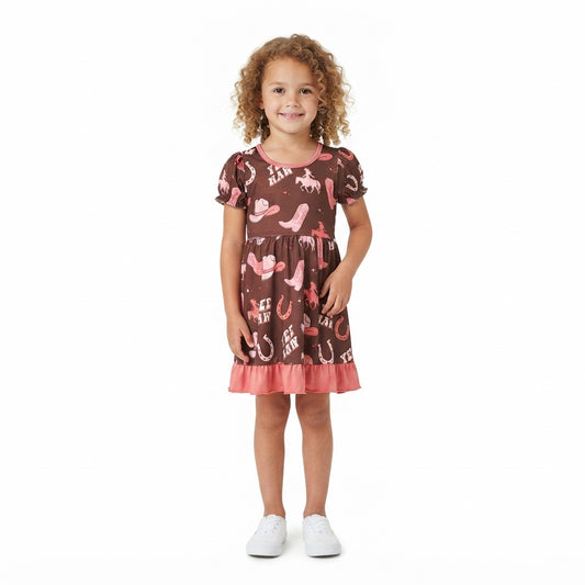Baby Girls Boots Yee Haw Western Ruffle Knee Length Dresses