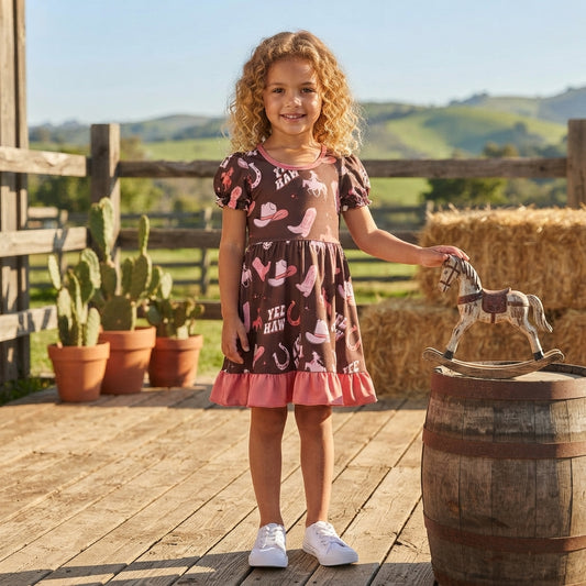 Baby Girls Boots Yee Haw Western Ruffle Knee Length Dresses