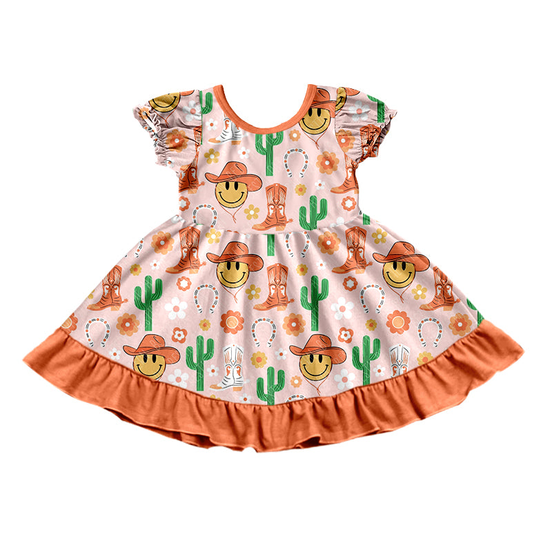 Baby Girls Western Smile Boots Cactus Ruffle Knee Length Dresses Preorder