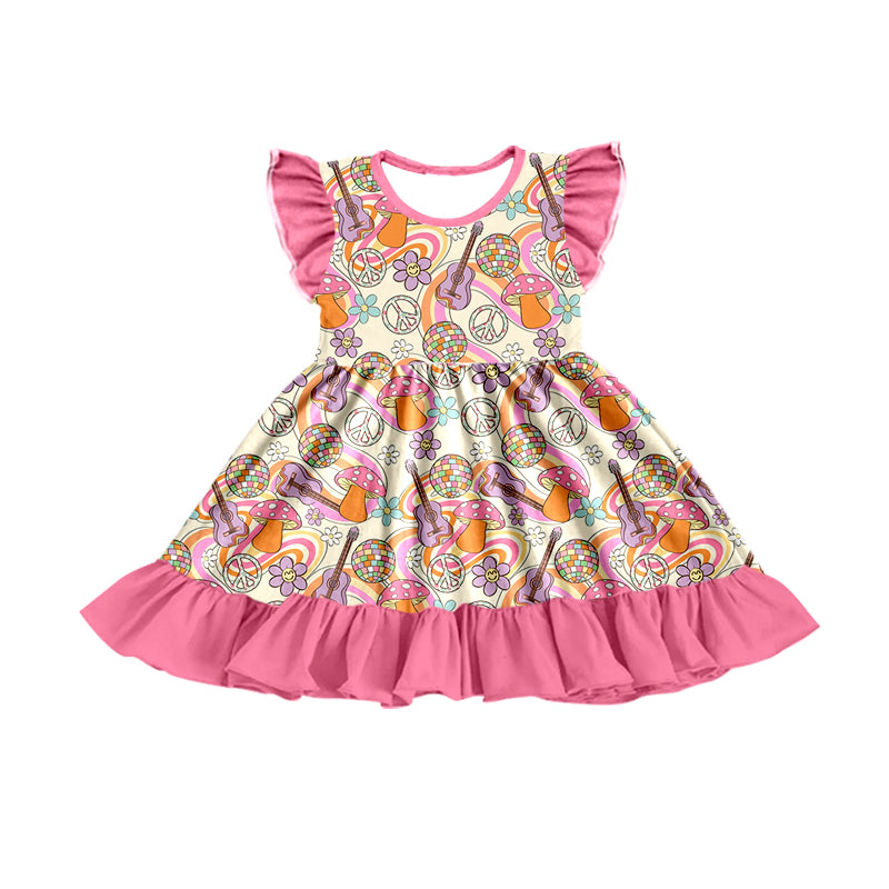 Baby Girls Pink Groovy Guitar Western Ruffle Knee Length Dresses Preorder