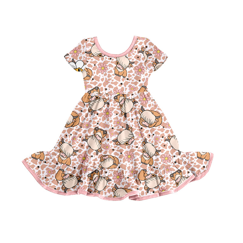 Baby Girls Western Pink Highland Cow Ruffle Knee Length Dresses Preorder