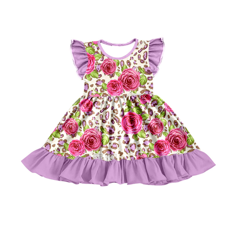 Baby Girls Purple Flowers Leopard Flutter Sleeve Knee Length Dresses Preorder