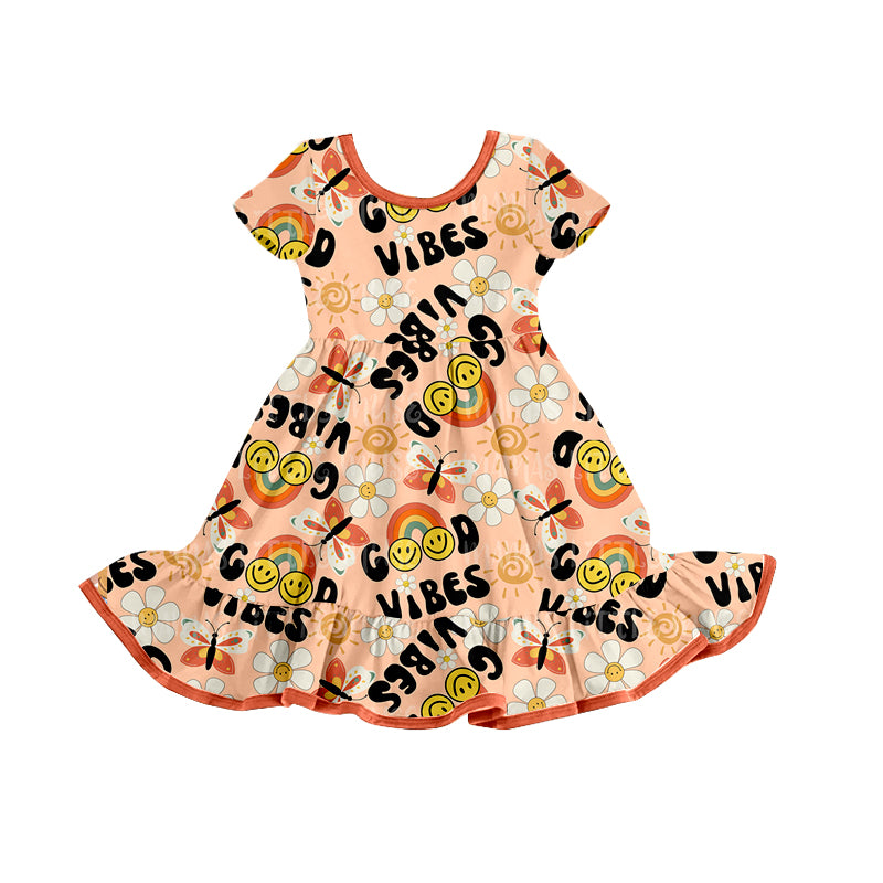 Baby Girls Good Vibes Butterfly Ruffle Knee Length Dresses Preorder