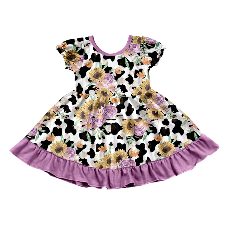 Baby Girls Purple Flowers Ruffle Knee Length Dresses Preorder