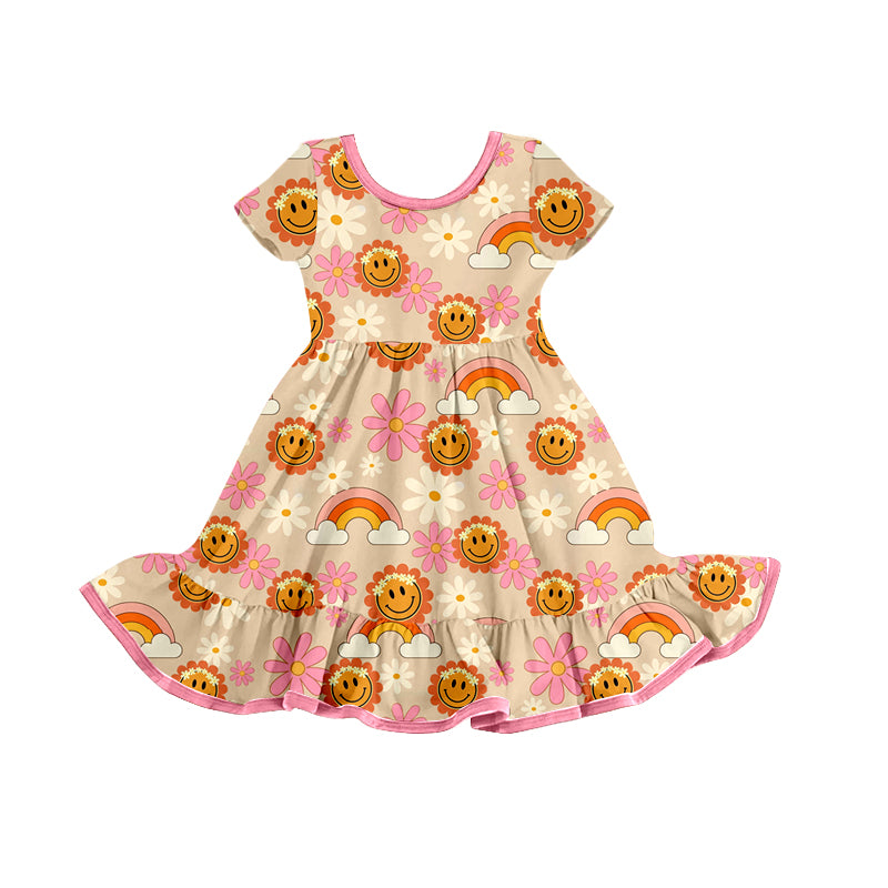 Baby Girls Pink Smiles Flowers Ruffle Knee Length Dresses Preorder