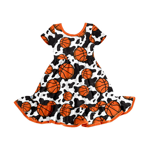 Baby Girls Cow Print Basketball Short Sleeve Ruffle Knee Length Dresses Preorder