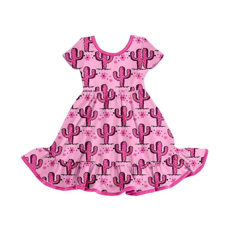 Baby Girls Pink Cactus Western Short Sleeve Ruffle Knee Length Dresses Preorder