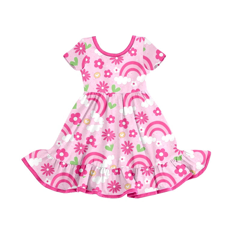 Baby Girls Pink Cactus Rainbow Short Sleeve Ruffle Knee Length Dresses Preorder