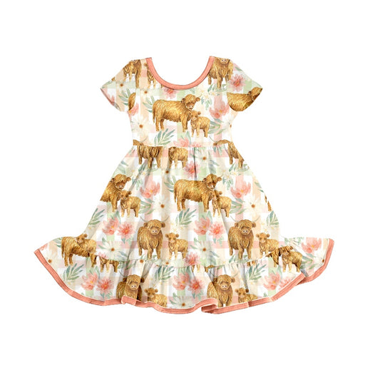 Baby Girls Highland Cows Checkered Short Sleeve Ruffle Knee Length Dresses Preorder