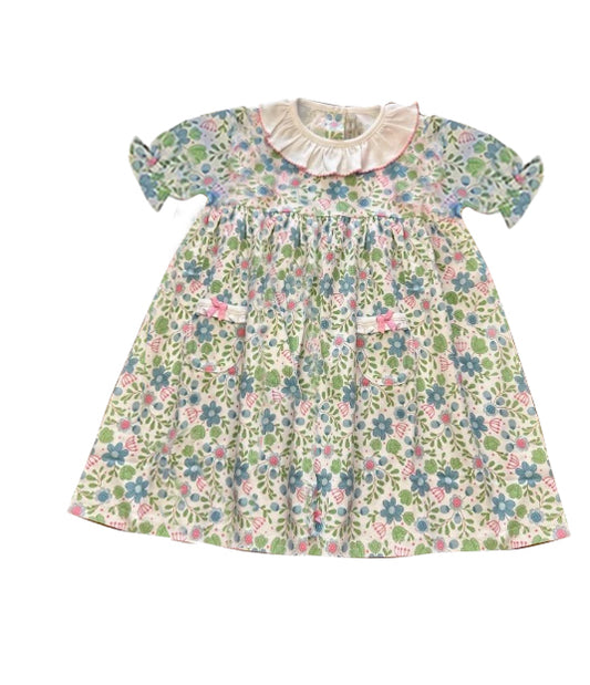 Baby Girls Green Flowers Ruffle Short Sleeve Knee Length Dresses Preorder