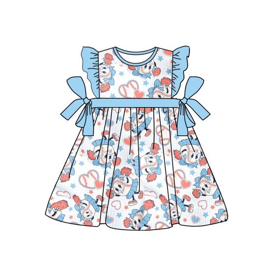 Baby Girls Baseball Blue Bows Hearts Knee Length Dresses Preorder