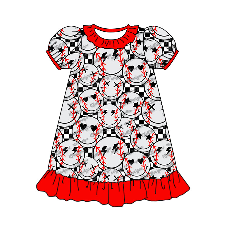 Baby Girls Baseball Short Sleeve Red Ruffle Knee Length Dresses Preorder