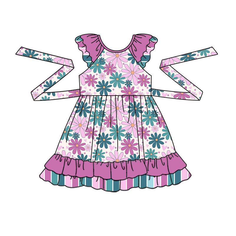 Baby Girls Lavender Flowers Flutter Sleeve Belt Knee Length Dresses Preorder