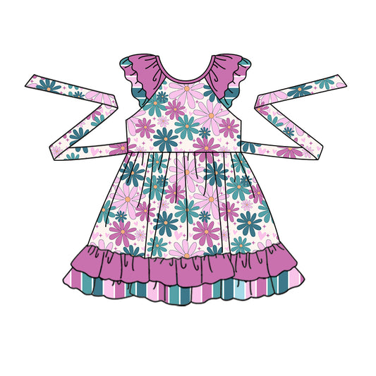 Baby Girls Lavender Flowers Flutter Sleeve Belt Knee Length Dresses Preorder