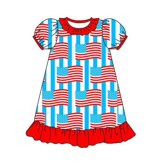Baby Girls Ruffle Flags 4th Of July Knee Length Dresses Preorder