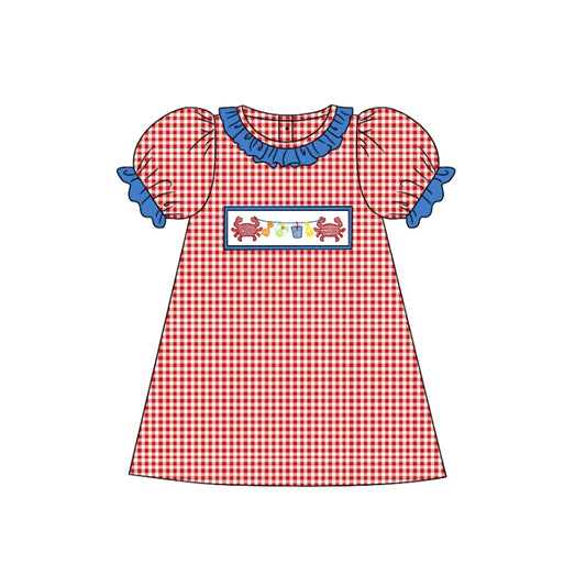 Baby Girls Short Sleeve Red Checkered Crabs Knee Length Dresses preorder