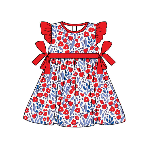 Baby Girls Red Blue Flowers Knee Length Bows Dresses Preorder
