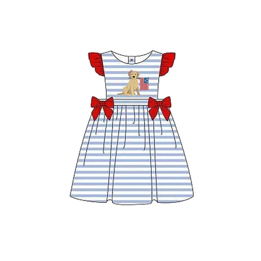 Baby Girls Embroidery 4th Of July Dog Flag Blue Stripes Bows Knee Length Dresses preorder