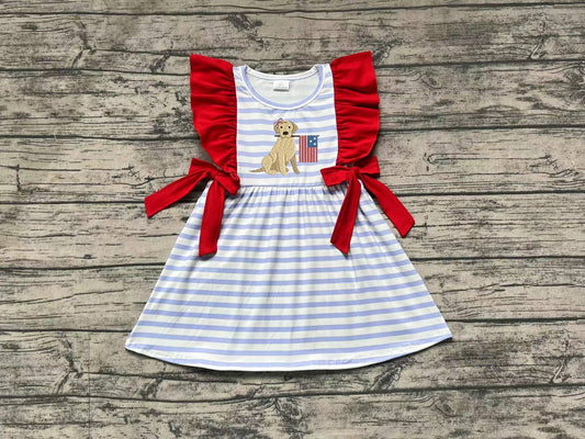 Baby Girls Embroidery 4th Of July Dog Flag Blue Stripes Bows Knee Length Dresses preorder